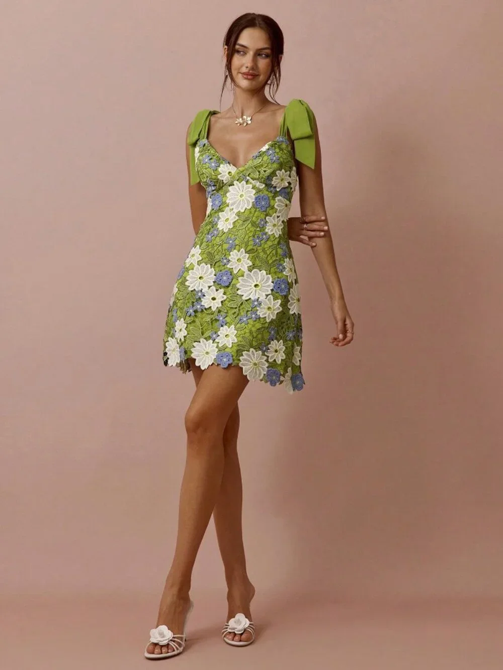 Green Boho Women's Embroidered Lace Mini Dress